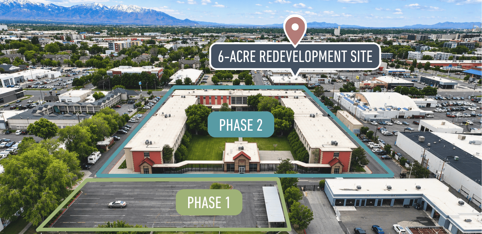 Aerial view of the six-acre Palmer Court site in Salt Lake City, with the Phase 1 and Phase 2 redevelopment areas outlined.