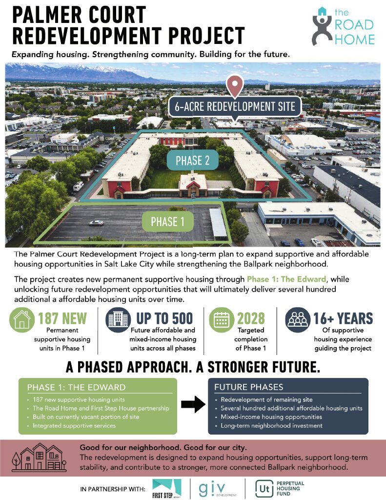 Project flyer page 1: Palmer Court Redevelopment Project overview, key facts, and the phased approach.