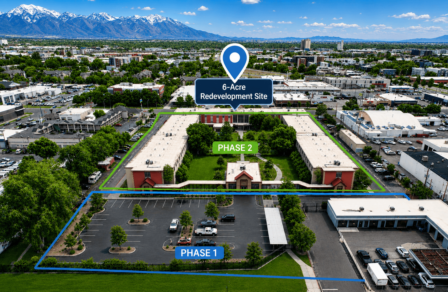 Aerial view of the six-acre Palmer Court site in Salt Lake City, with the Phase 1 and Phase 2 redevelopment areas outlined.
